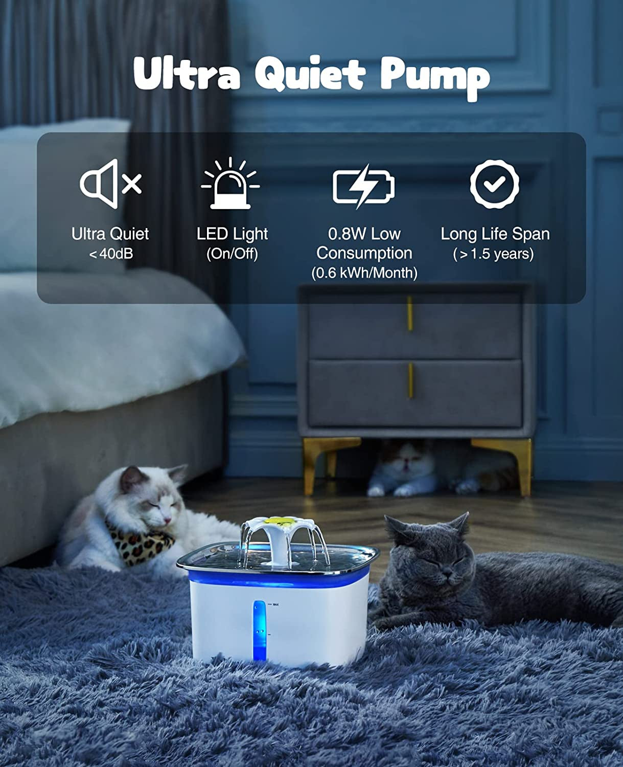 95Oz/2.8L Stainless Steel Pet Fountain, Automatic Cat Water Fountain Dog Water Dispenser with Smart Pump for Cats, Dogs, Multiple Pets (Silver, Stainless Steel)