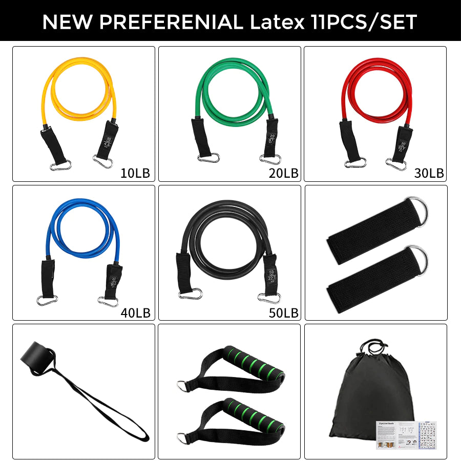 11Pcs/Set Latex Tube Resistance Bands Exercise Door Fitness Pull Rope Elastic Gym Expander Muscle Strength Training Equipment