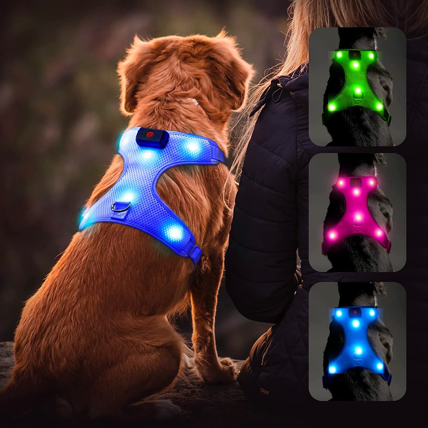 Flashseen LED Dog Harness, Lighted up USB Rechargeable Pet Harness, Illuminated Reflective Glowing Dog Vest Adjustable Soft Padded No-Pull Suit for Small, Medium, Large Dogs (Blue, L)