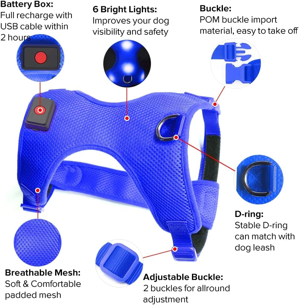 Flashseen LED Dog Harness, Lighted up USB Rechargeable Pet Harness, Illuminated Reflective Glowing Dog Vest Adjustable Soft Padded No-Pull Suit for Small, Medium, Large Dogs (Blue, L)
