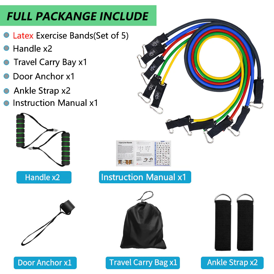 11Pcs/Set Latex Tube Resistance Bands Exercise Door Fitness Pull Rope Elastic Gym Expander Muscle Strength Training Equipment
